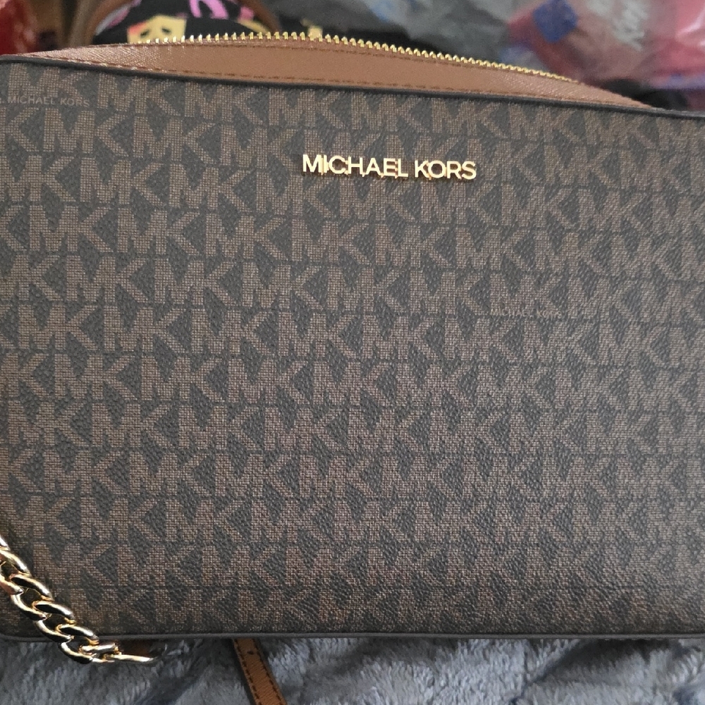 Michael Kors Brown and Tan MK Signature Crossbody Bag